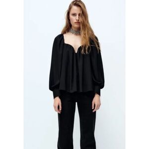 ZARA Flowy Sweetheart Neck Longsleeve Black Top Size Medium